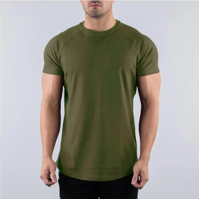 dark green Front view of a men’s slim fit cotton gym shirt featuring a tapered athletic cut and soft-touch fabric - BetterPlace