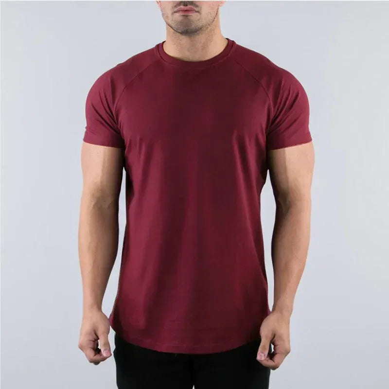 dark red Front view of a men’s slim fit cotton gym shirt featuring a tapered athletic cut and soft-touch fabric - BetterPlace
