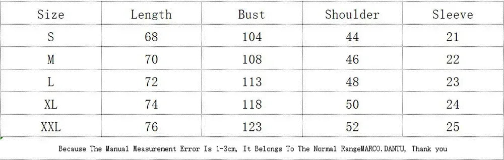 Measurement chart for clothing sizes S to XXL with dimensions in centimeters.