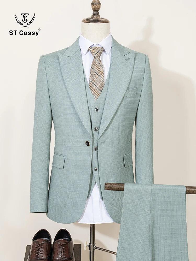 Close-up of a designer green suit jacket and tailored waistcoat featuring high-quality fabric and a classic notch lapel.- BetterPlace