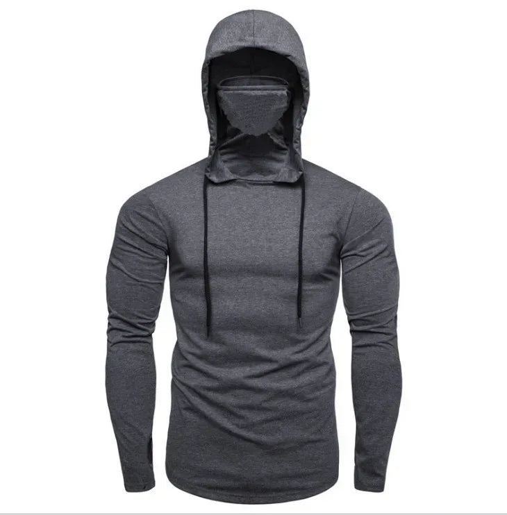 Dark gray long-sleeve hoodie with a face covering on a white background