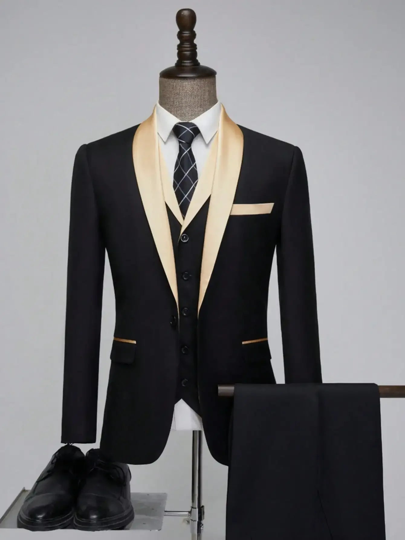 Close up of the formal tuxedo with vest and single-breasted blazer for a groom tuxedo set - BetterPlace