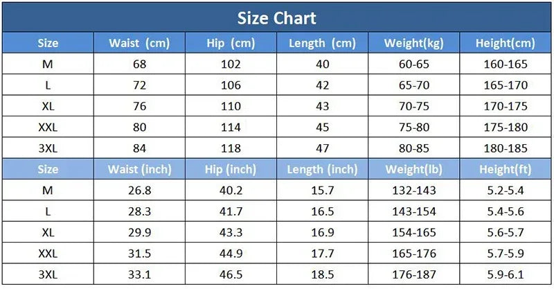 Size chart for clothing with measurements in centimeters and inches.