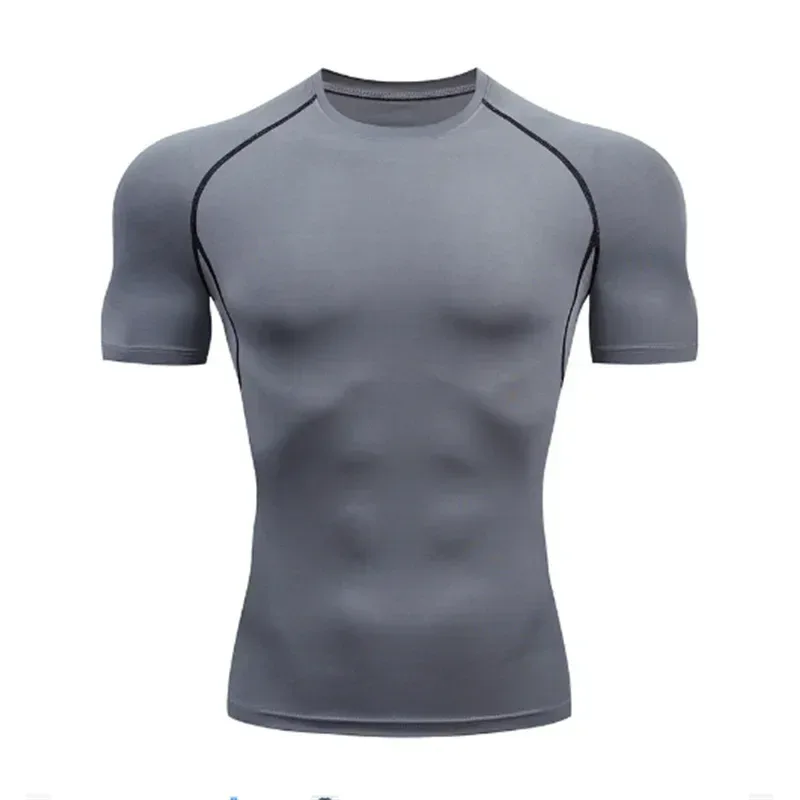 Gray compression shirt with black accents on a white background