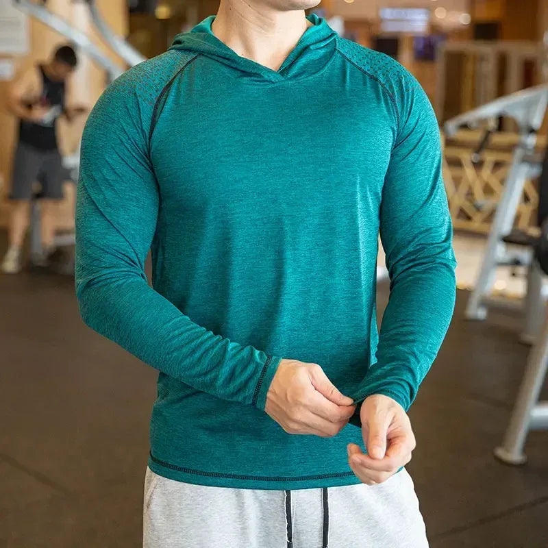 Green-Front view of a men’s slim fit hooded gym shirt featuring a tapered athletic cut and drawstring hood - BetterPlace