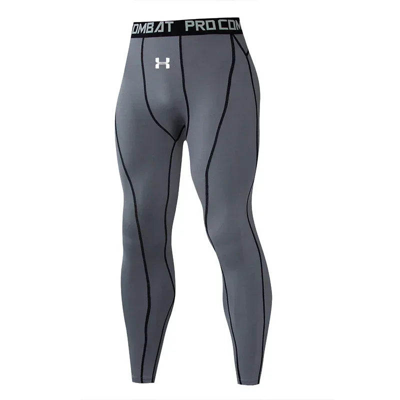 Gray compression leggings with black accents on a white background