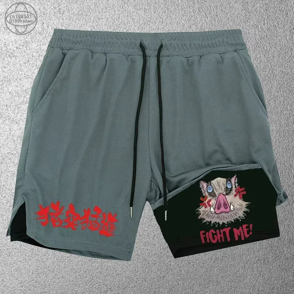 Gray shorts with a cartoon pig design and text on a gray background