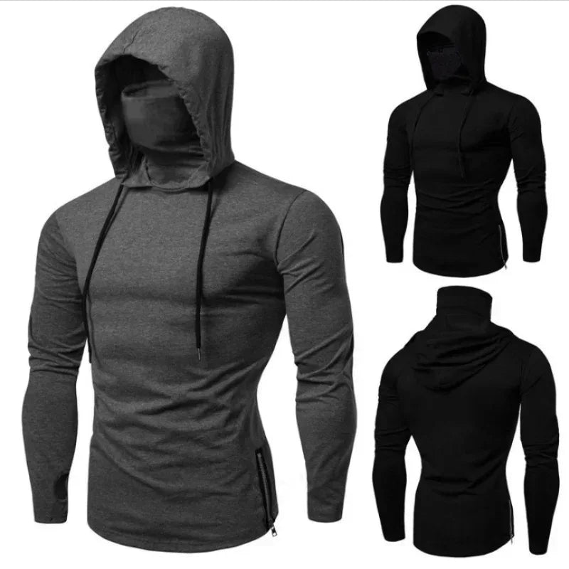 Gray and black hoodies shown from front, back, and side views on a white background