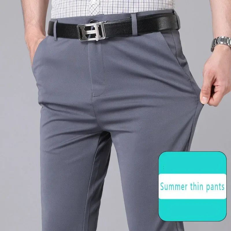 Gray pants with a black belt on a gray background, labeled 'Summer thin pants'.