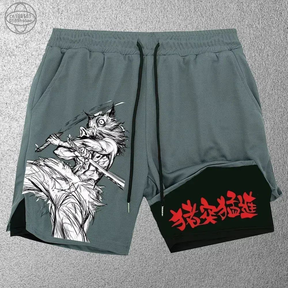Gray shorts with an owl design and red text on a gray background