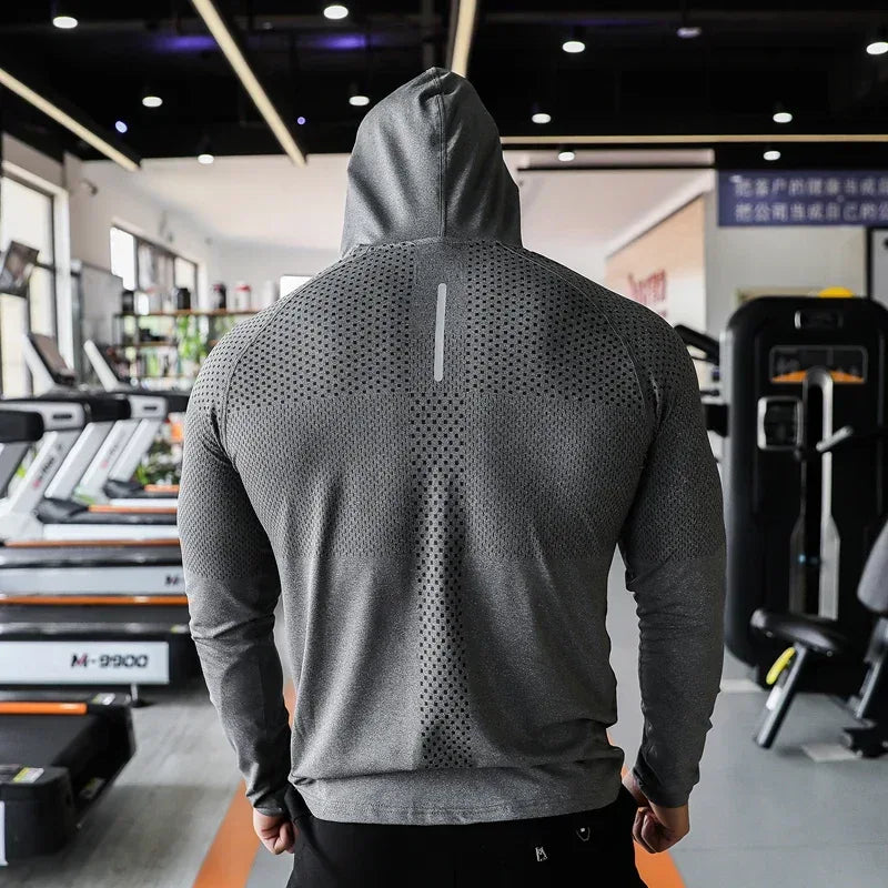 Grey-Front view of a men’s performance long sleeve sport hoodie featuring an athletic hood and lightweight fabric - BetterPlace