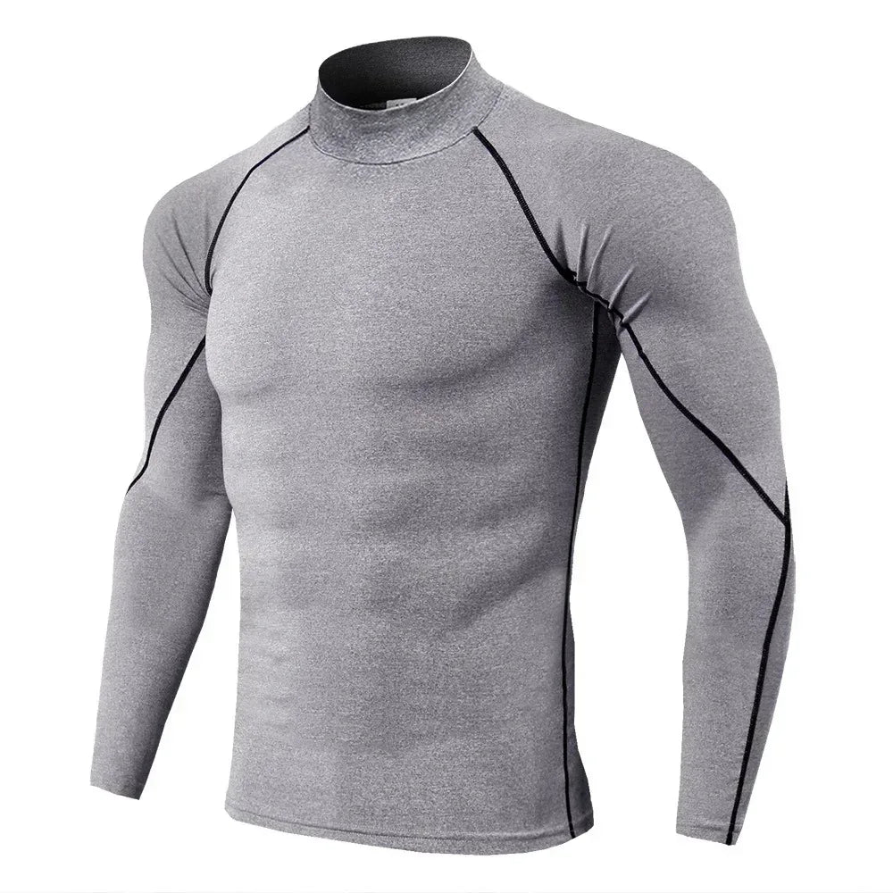 grey with black stitching Front view of a men’s quick-dry compression shirt featuring a high-stretch athletic fit and crew neck - BetterPlace