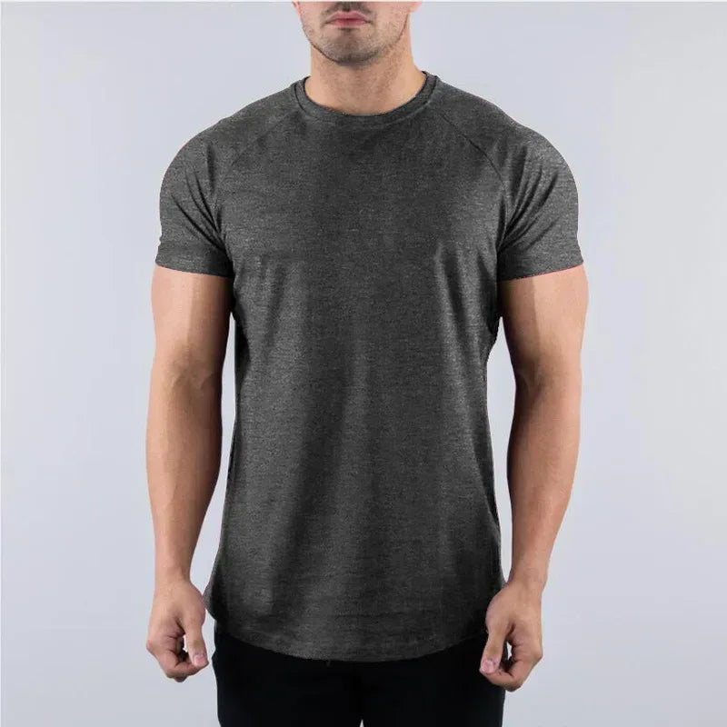 dark grey Front view of a men’s slim fit cotton gym shirt featuring a tapered athletic cut and soft-touch fabric - BetterPlace