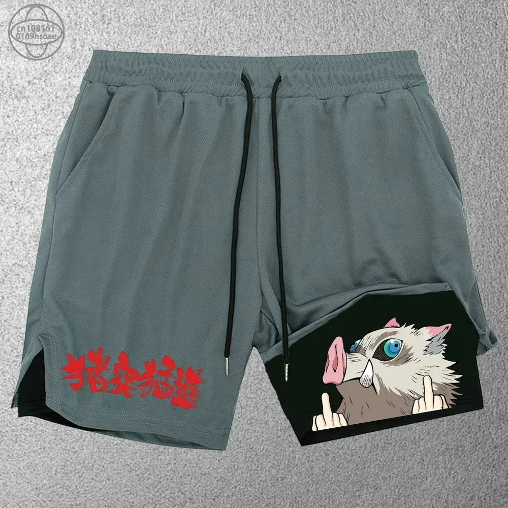 Gray shorts with an animated character and red text on a gray background