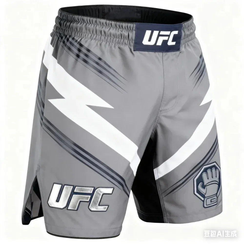 Gray UFC shorts with branding on a white background