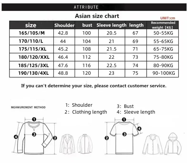 Asian size chart for clothing with measurements and weight recommendations.
