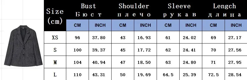 Size chart for a jacket with measurements in centimeters and inches.