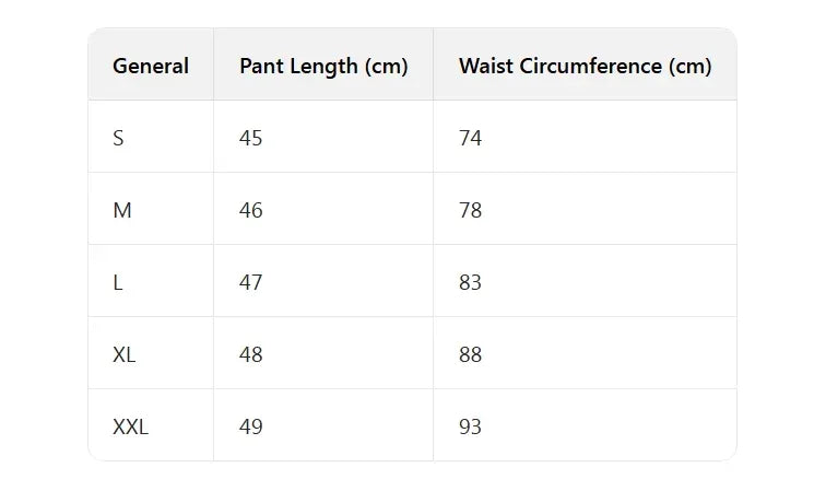 Table showing pant length and waist circumference measurements for sizes S to XXL.