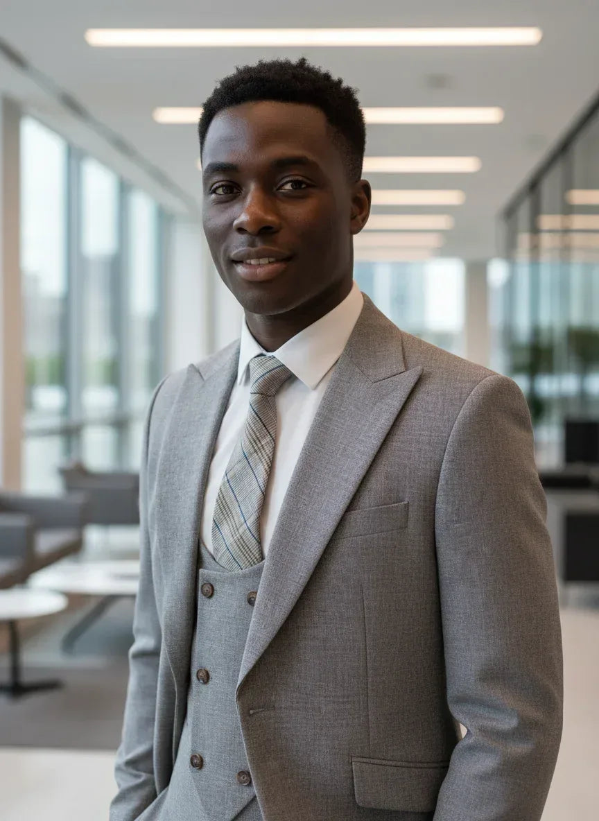 A man wearing the 3-piece knit blazer and trousers styled casually with a plain white t-shirt for a modern everyday look. - BetterPlace