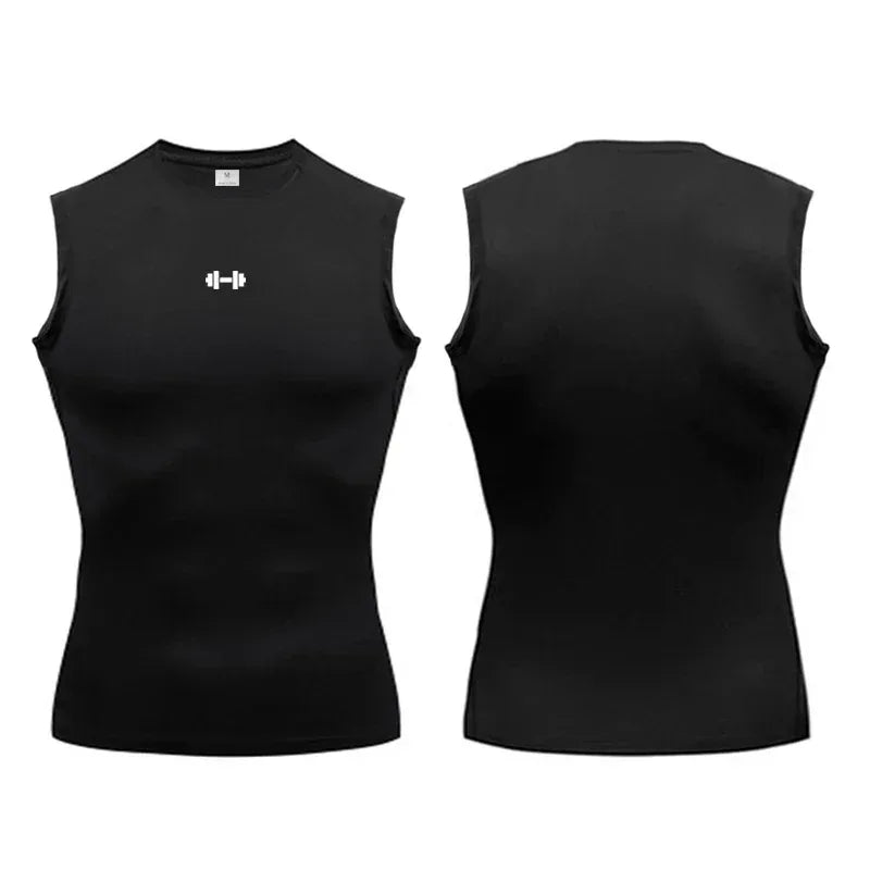 Black sleeveless shirt with a white logo on the front, shown from front and back views.
