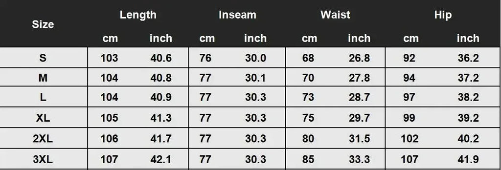 Size chart for clothing with measurements in centimeters and inches.