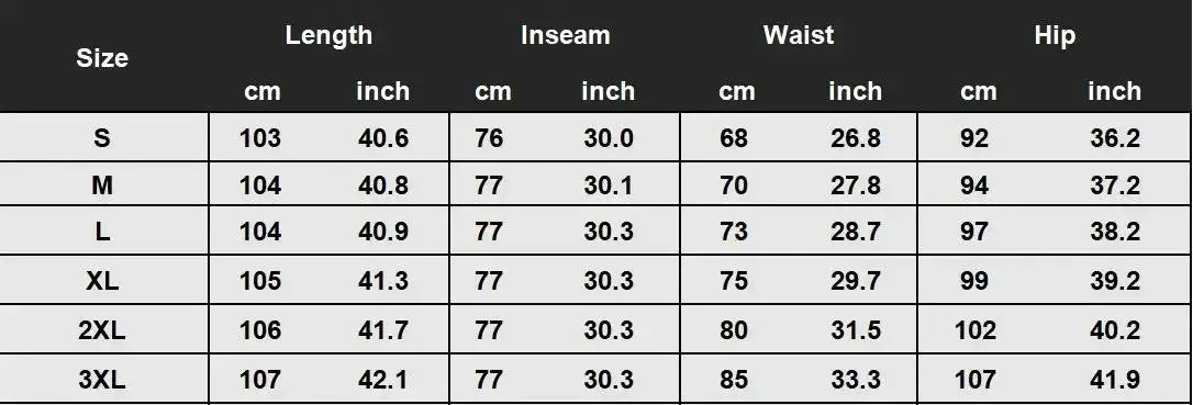 Size chart for clothing with measurements in centimeters and inches.