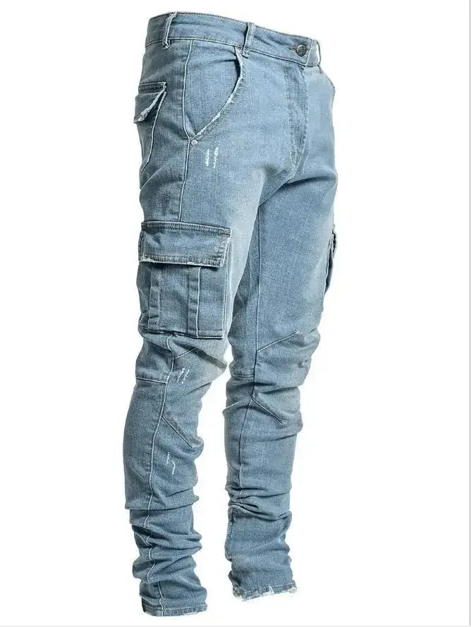 Light blue jeans with multiple pockets on a white background