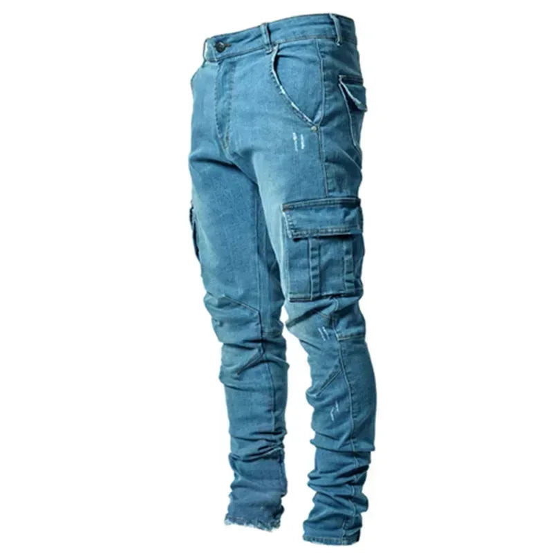 Blue jeans with multiple pockets on a white background