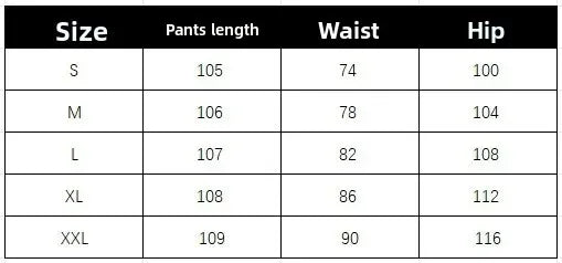 Table showing size chart for pants with measurements in centimeters