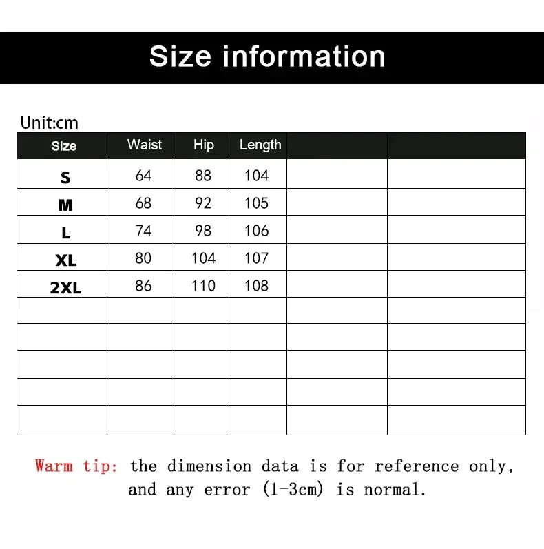 Size chart for clothing with measurements in centimeters