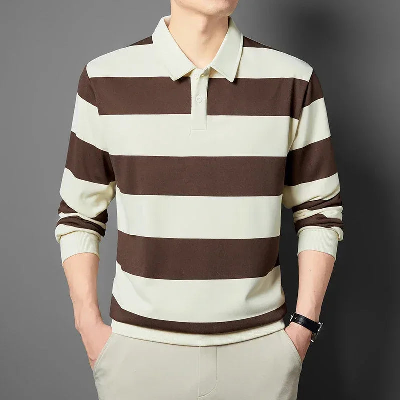 Brown and white striped long-sleeve polo shirt on a gray background