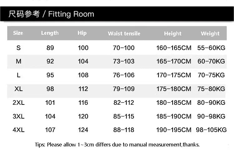 Size chart for clothing with measurements in centimeters and kilograms.
