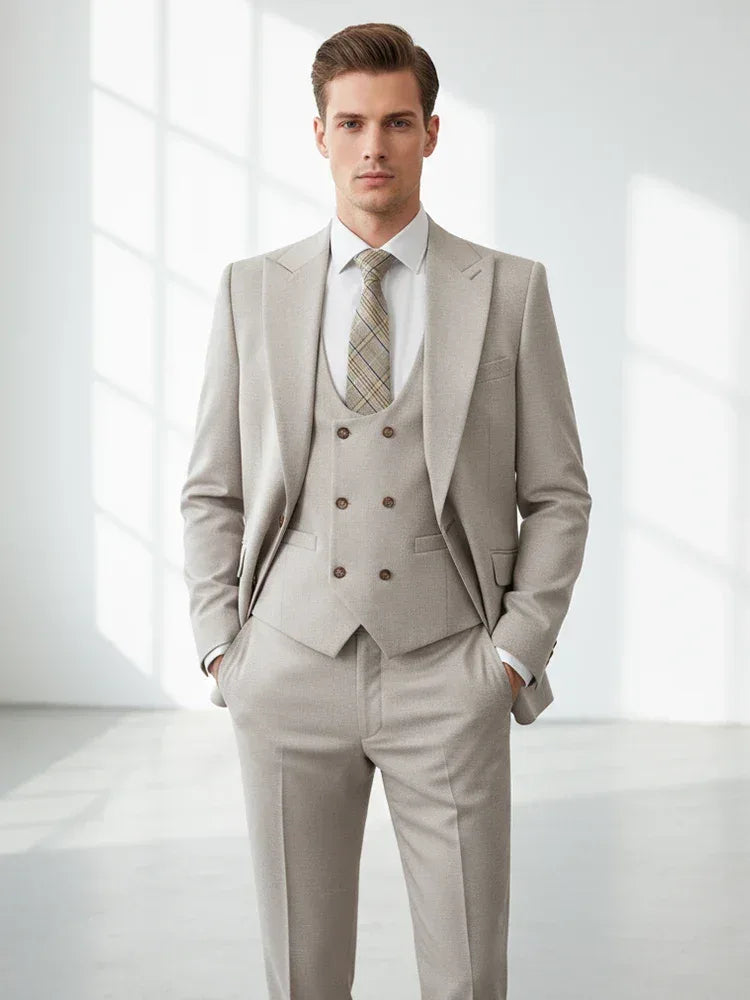Front view of a men’s 3-piece smart casual suit in a breathable knit weave, featuring a slim fit jacket, vest, and matching trousers - BetterPlace