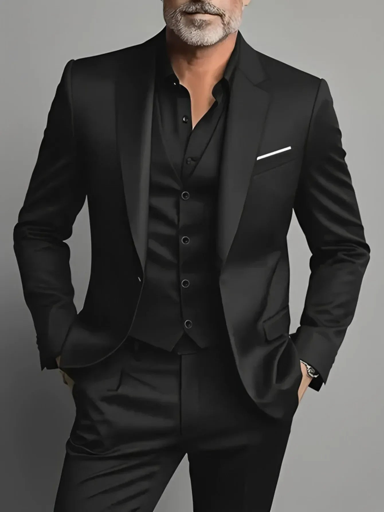 Front view of a classic black slim fit 3-piece tuxedo suit for formal wedding attire - BetterPlace