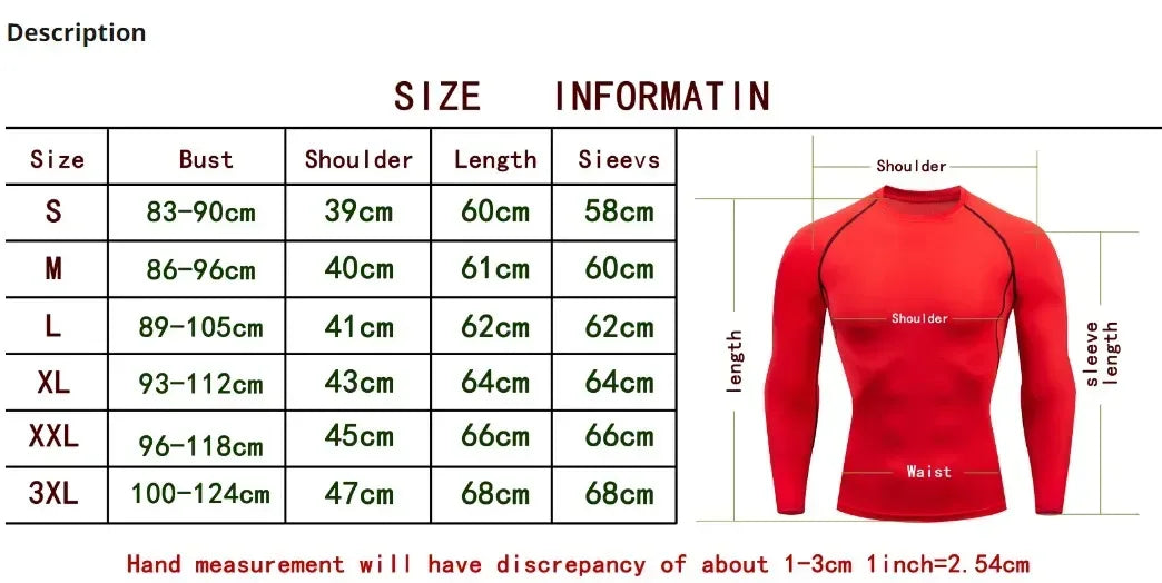 Detailed size chart and measurement guide for men’s long sleeve compression shirts and athletic base layers - BetterPlace
