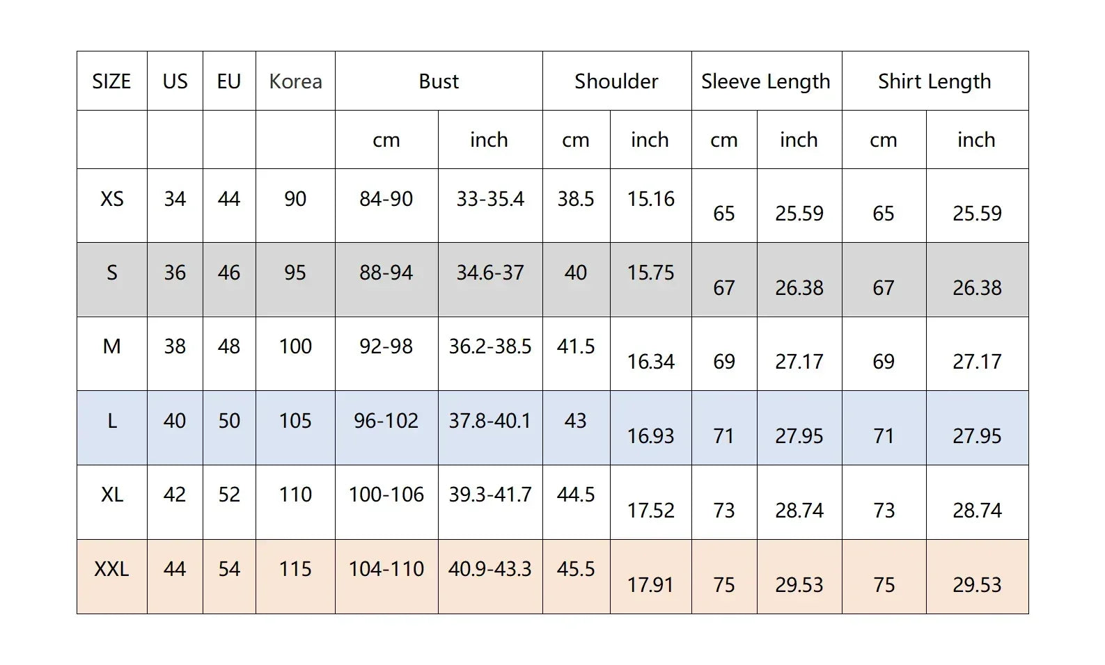 Detailed size chart and measurement guide for men’s long sleeve compression shirts and baselayers.