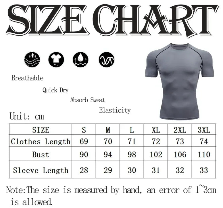 Detailed size chart and measurement guide for men’s short sleeve compression shirts and athletic base layers - BetterPlace