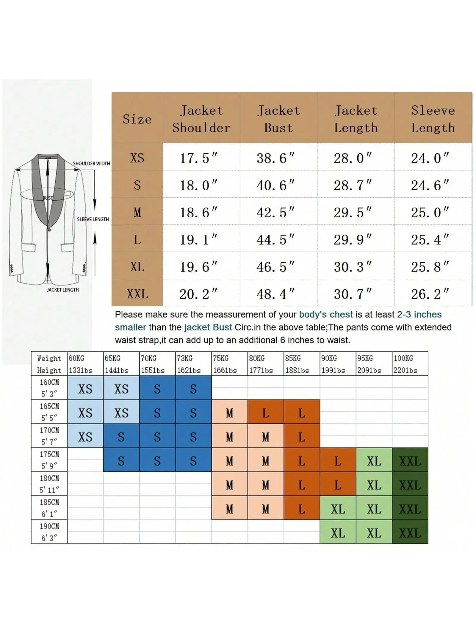 Comprehensive size chart for the mens slim fit 3 piece wedding tuxedo at The Better Place Store, including measurements for blazer, vest, and trousers. - BetterPlace
