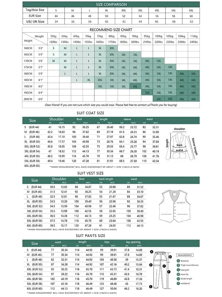 Comprehensive size chart for the men’s slim fit 3-piece green suit, including chest, waist, and inseam measurements for tailored sizing- BetterPlace