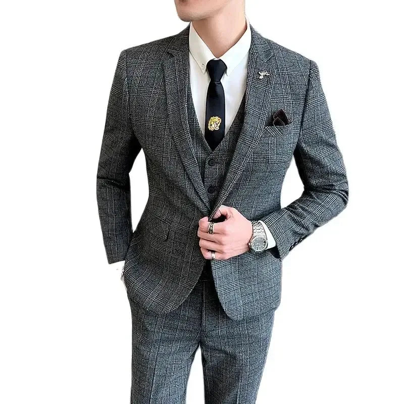 A 3/4 profile view of the 3-piece smart casual suit highlighting the modern slim fit and professional silhouette. - BetterPlace