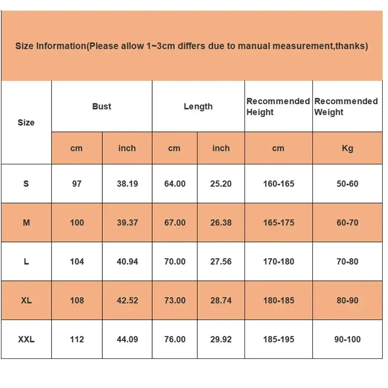 Size chart for clothing with measurements in centimeters and inches.