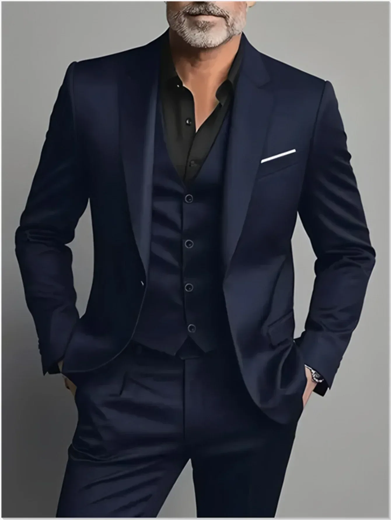 Men's navy blue slim fit 3-piece suit featuring a tailored jacket, vest, and trousers. - BetterPlace