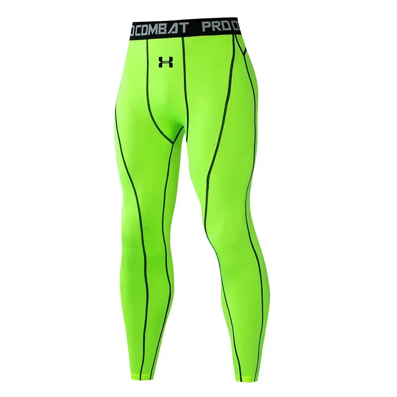 Neon green compression leggings with black accents on a white background