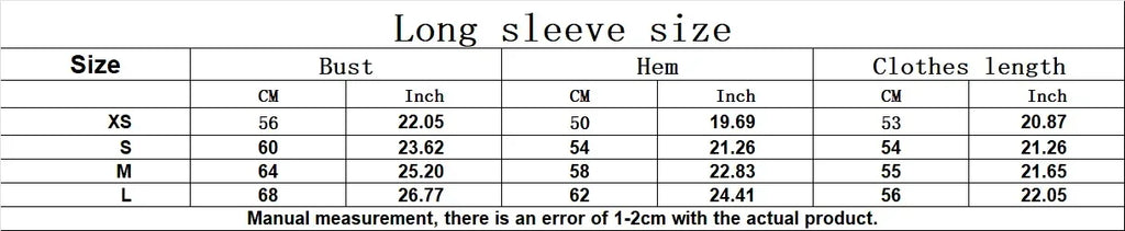 Long sleeve size chart with measurements in centimeters and inches.