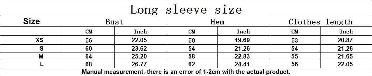 Long sleeve size chart with measurements in centimeters and inches.