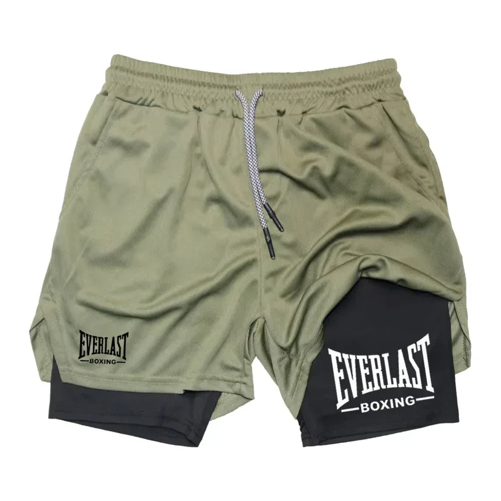 Olive green and black athletic shorts with Everlast Boxing logo on a white background