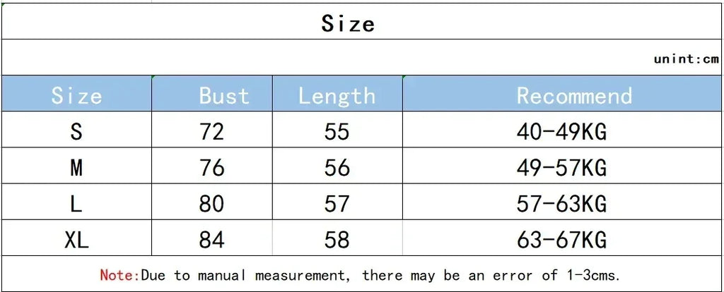 Size chart for clothing with bust, length, and weight recommendations.