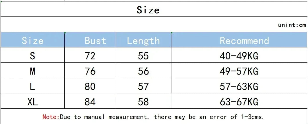 Size chart for clothing with bust, length, and weight recommendations.