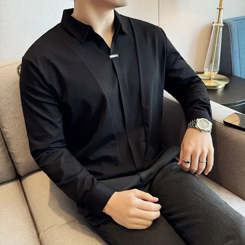 full upper body view to show off the slim fit cut look, men's polo shirt in pure black to emphasize the professional setting
