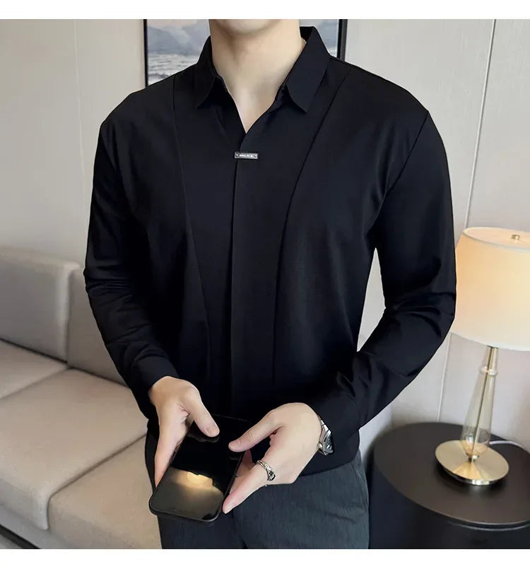 Front view of a men’s slim fit long sleeve dress polo in pure black, featuring a tailored athletic fit and premium fine-knit cotton texture for business casual wear